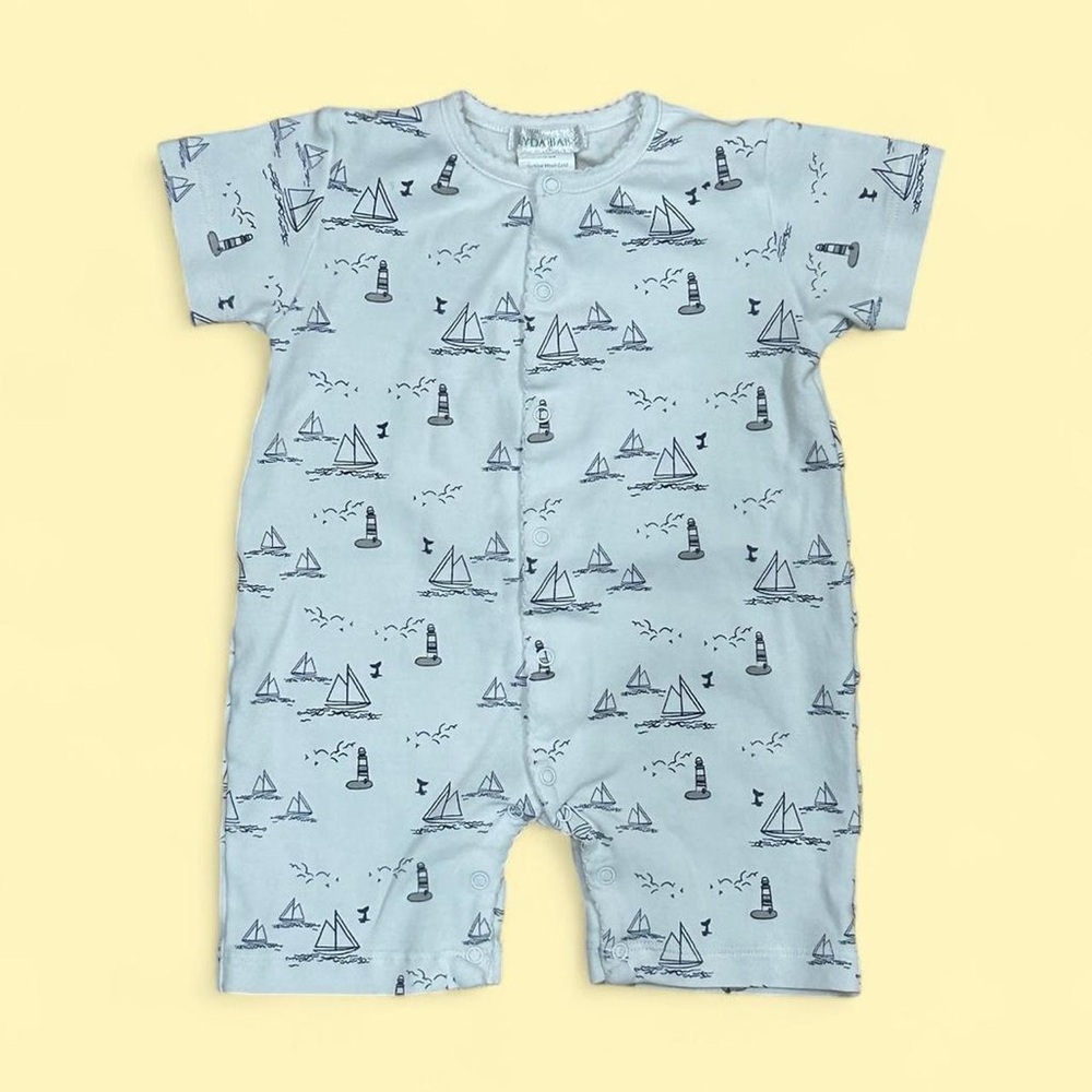 Lyda Baby Blue and white sailing the sea lighthouse baby romper 6-9 months